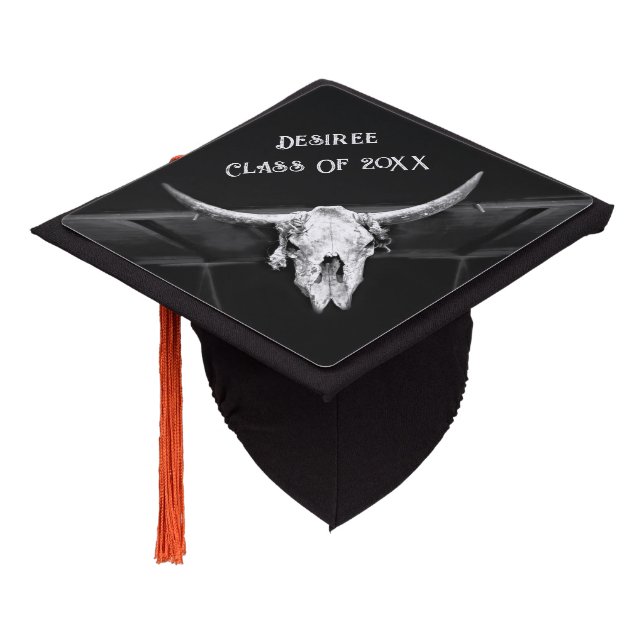 Toque De Diplômé Crâne Rustique Occidental Noir Et Blanc Taureau (Incliné)