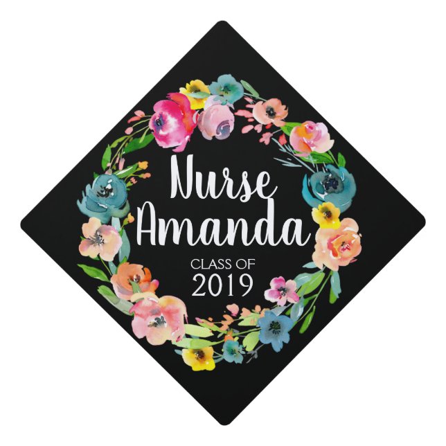 Toque De Diplômé Customisez-le ! Aquarelle personnalisée florale (Devant)