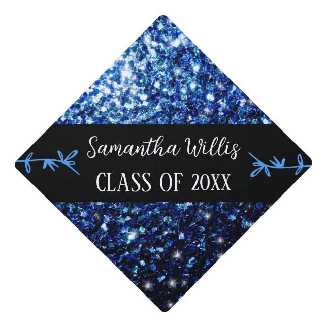 Toque De Diplômé Dark blue faux sparkles Nom personnalisé Classe (Devant)
