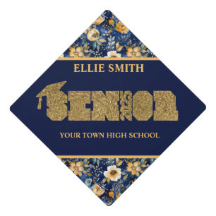 Toque De Diplômé Diplômé de la promotion 2025 Fleurs Or Bleu Marine