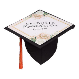 Toque De Diplômé Diplômé Rose & Or Feuille Chic Floral Aquarelle