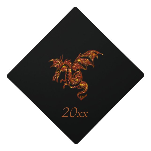 Toque De Diplômé Dragon flamboyant sur noir (Devant)