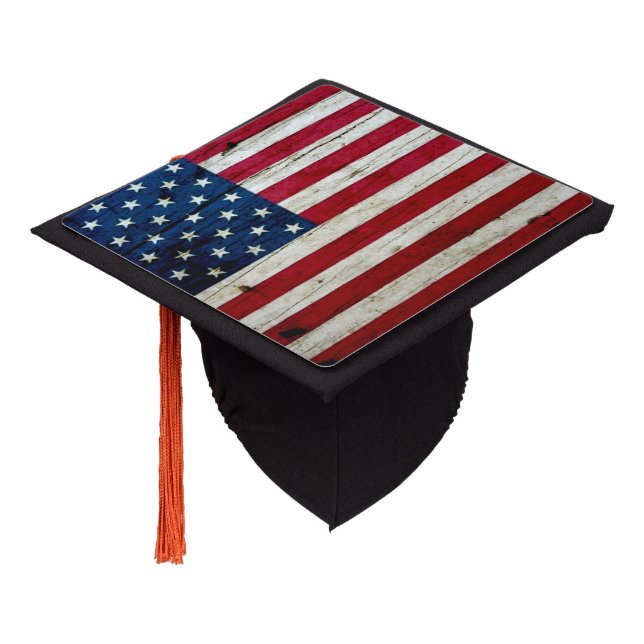Toque De Diplômé Drapeau américain de grain en bois rustique (Incliné)