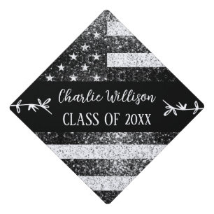 Toque De Diplômé Drapeau américain Noir Blanc étincelles Nom person