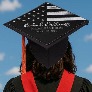 Toque De Diplômé Drapeau USA Bois Rustique Noir Blanc Nom personnal