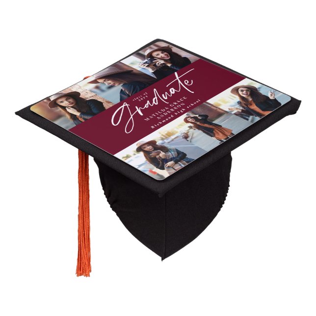 Toque De Diplômé Écriture moderne multi photo bordeaux élégant (Incliné)