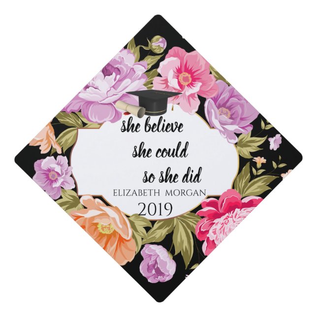 Toque De Diplômé Élégant Casquette Floral - Message de motivation (Devant)