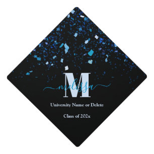 Toque De Diplômé Elégant confetti bleu Nom du diplômé Monogramme