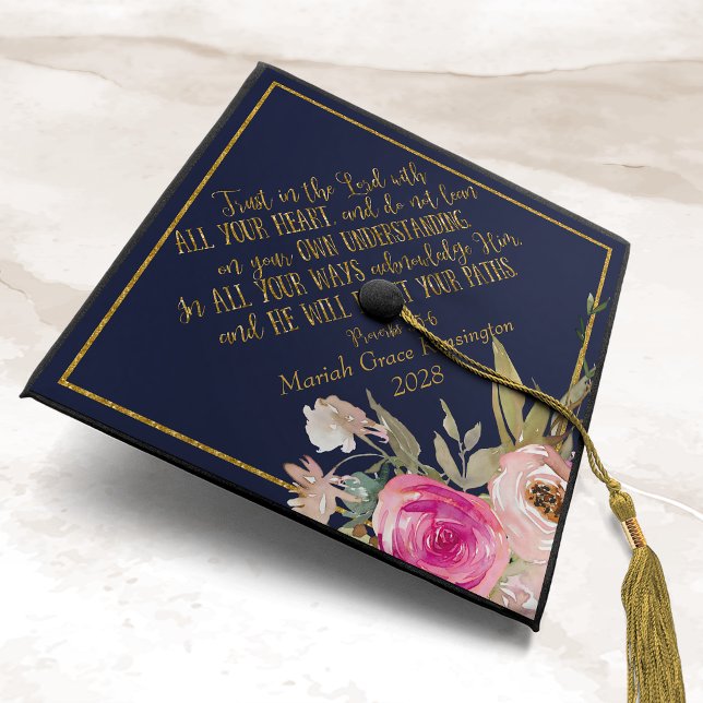 Toque De Diplômé Élégant flacon d'or de la marine Proverbes floraux (Elegant Navy Gold Foil Floral Proverbs 3:5-6 Graduation Cap Topper)