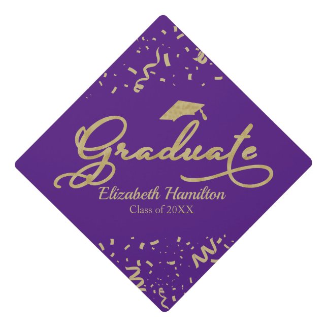 Toque De Diplômé Élégant Gradué Or Foil Calligraphie Sur Violet (Devant)