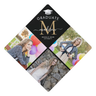 Toque De Diplômé Élégant Monogramme 3 Photo Black Gold Class Grad