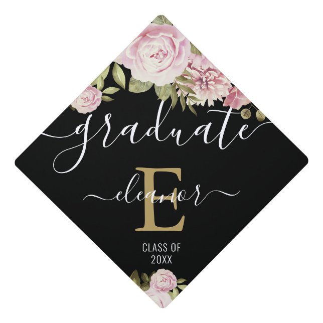 Toque De Diplômé Élégant Monogramme Or Floral Nom personnalisé (Devant)