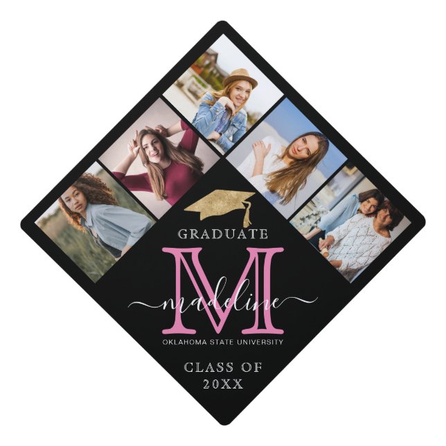 Toque De Diplômé Elégant or Monogramme rose 5 Classe de photo (Devant)