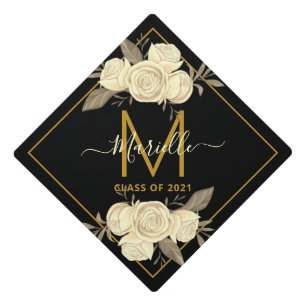Toque De Diplômé Élégant or noir Monogramme floral