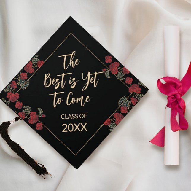 Toque De Diplômé Élégant rouge et or (Flowers Red Gold Frame Luxury Graduation #graduationcap #inspirationalquotescaptopper #textcap )