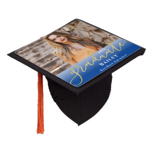 Toque De Diplômé Élégant Script Gold Dark Navy Blue Ombre Photo