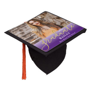 Toque De Diplômé Élégant Script Gold Purple Ombre Photo