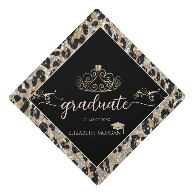 Toque De Diplômé Elegant  Tiara Glitter Leopard Print Grad Cap (Devant)