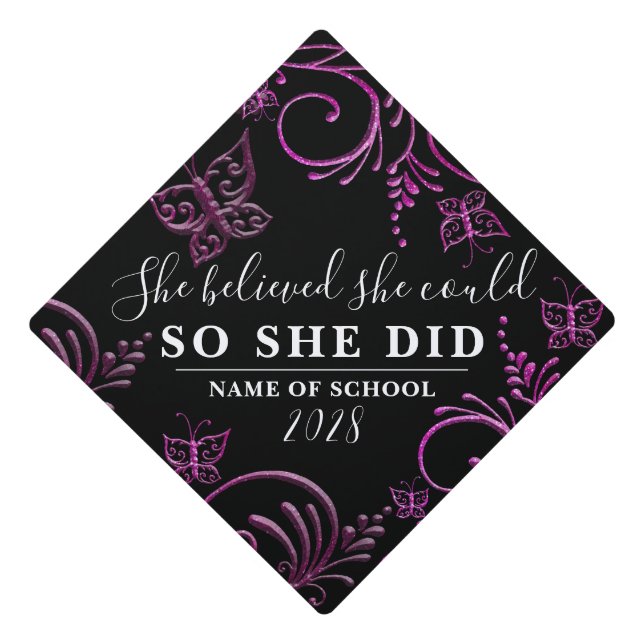 Toque De Diplômé Elle Croyait Pink Black Parties scintillant papill (Devant)