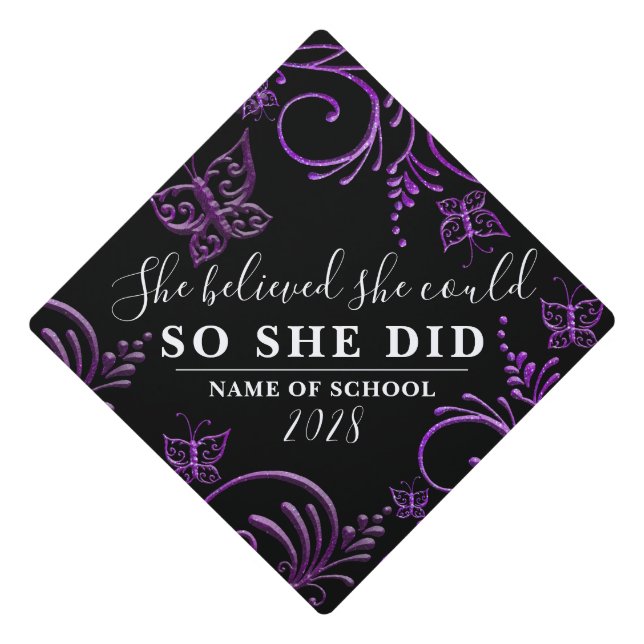 Toque De Diplômé Elle Croyait Violet Noir Parties scintillant Papil (Devant)
