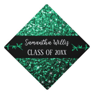 Toque De Diplômé Emerald green faux sparkles Nom personnalisé Class