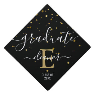 Toque De Diplômé Étoiles Dorées Pailletées Élégant Monogramme Nom