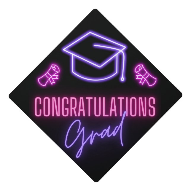 Toque De Diplômé félicitations grad, noir rose violet néon chic (Devant)