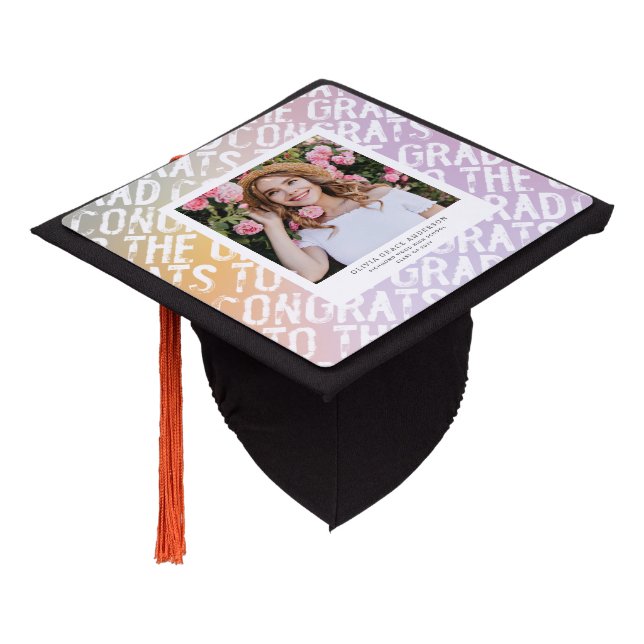 Toque De Diplômé Fête moderne pastel arc-en-ciel rose photo graduat (Incliné)