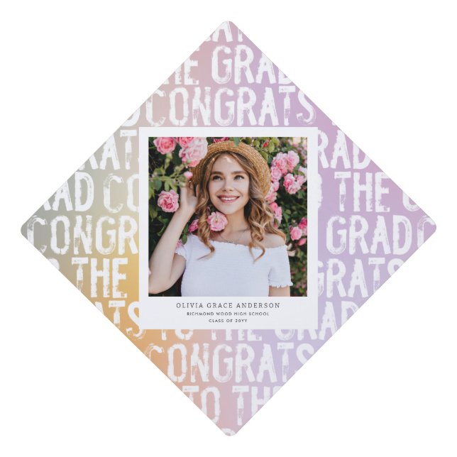 Toque De Diplômé Fête moderne pastel arc-en-ciel rose photo graduat (Devant)