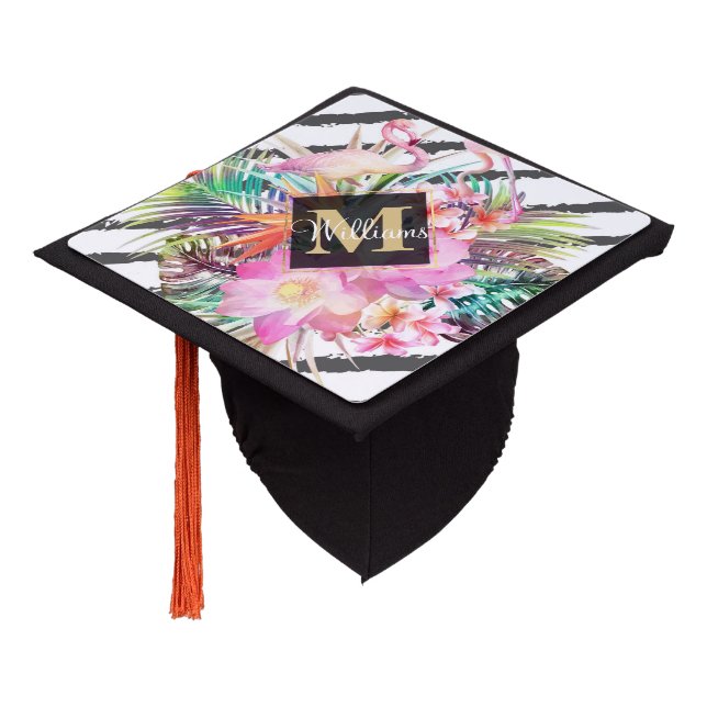 Toque De Diplômé feuilles floraux tropicaux et rayures de flamants  (Incliné)