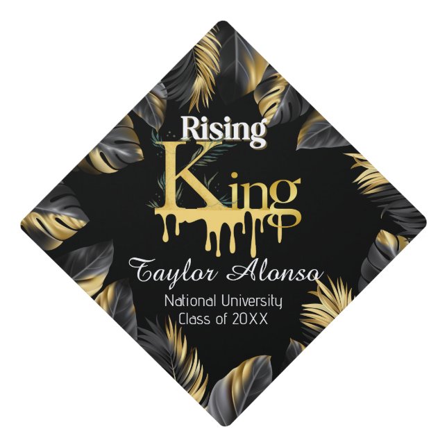 Toque De Diplômé Feuilles noirs et d'or Rising King Hommes Custom (Devant)