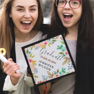 Toque De Diplômé Fille Chic Aquarelle Florale Classe de diplômé