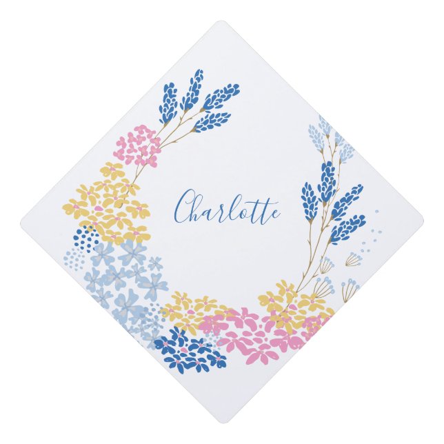 Toque De Diplômé Fleur d'été bleu jaune couronne personnalisée (Devant)
