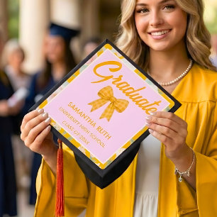 Toque De Diplômé Fleur Sauvage Ruban Gingham Jaune Diplômé