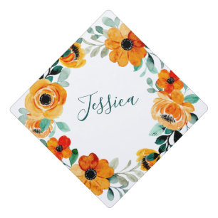 Toque De Diplômé Fleurs aquarelles orange personnalisées