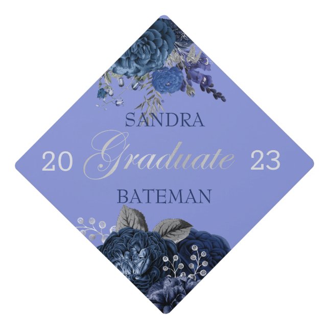 Toque De Diplômé Fleurs bleues violettes | Silver Graduation Party  (Devant)