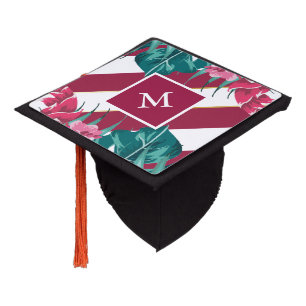 Toque De Diplômé Fleurs bordeaux exotiques Monogramme rayé