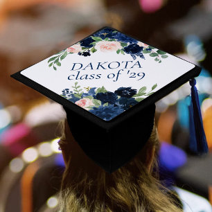 Toque De Diplômé Fleurs Chic Floral Bleu Nuit et Rose Blush
