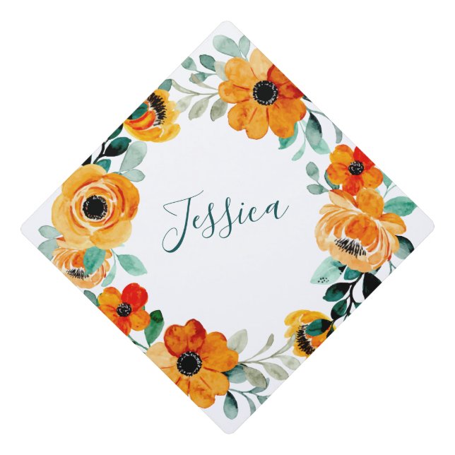 Toque De Diplômé Fleurs d'aquarelle orange personnalisées (Devant)