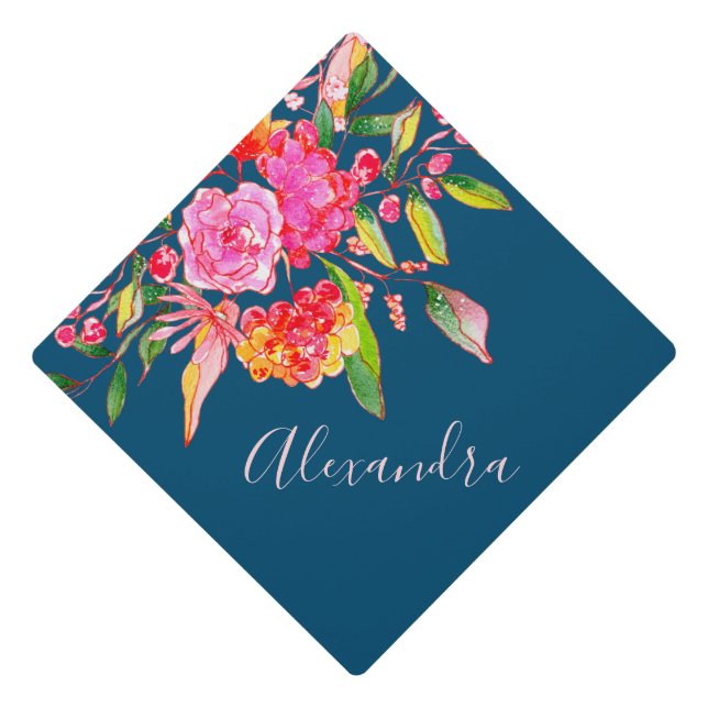 Toque De Diplômé Fleurs d'aquarelle rose et orange Nom de marine (Devant)