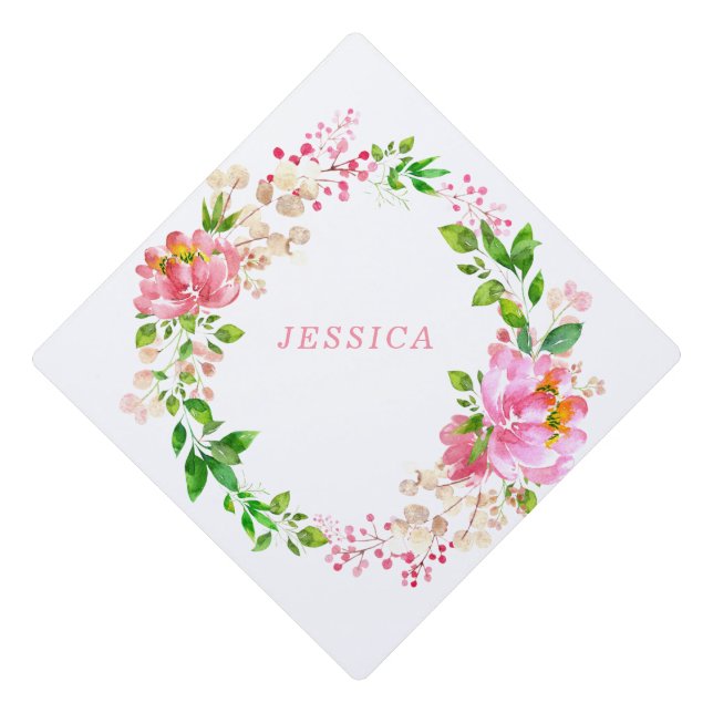 Toque De Diplômé Fleurs d'aquarelle rose personnalisées (Devant)