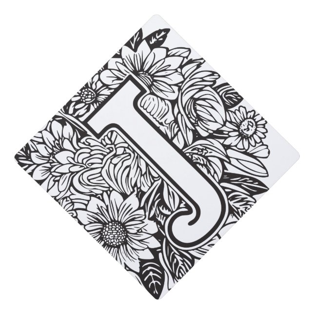 Toque De Diplômé Fleurs d'encre de monogramme noir et blanc de styl (Devant)