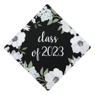 Toque De Diplômé Fleurs grises et blanches sur noir Classe 2020