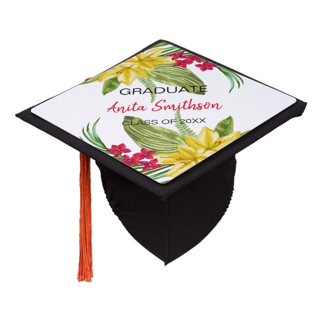 Toque De Diplômé Fleurs Jaunes Et Rouges (Incliné)