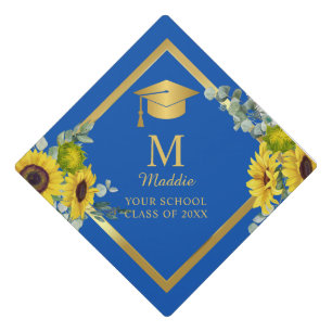 Toque De Diplômé Fleurs personnalisées bleu et or