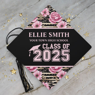 Toque De Diplômé Fleurs roses noires de la promotion 2025 de fin d'