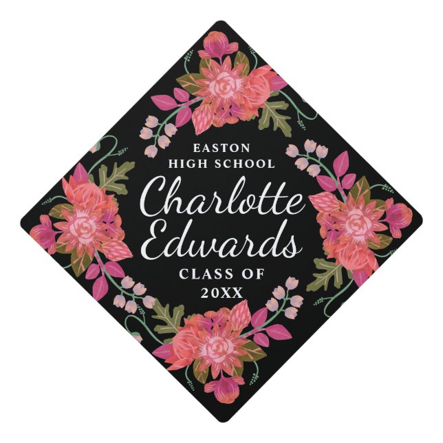 Toque De Diplômé Fleurs roses Nom Année École (Devant)