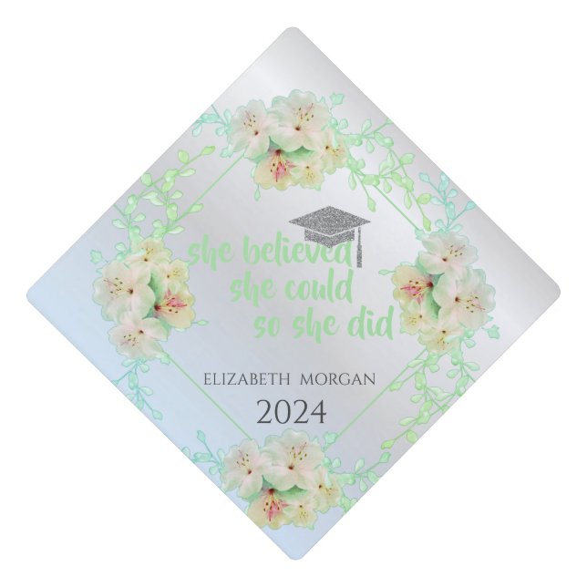 Toque De Diplômé Fleurs vertes Argent Casquette diplômé (Devant)