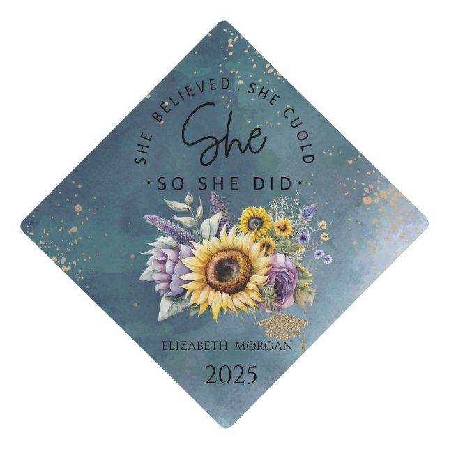 Toque De Diplômé Fleurs Violettes Tournesols Paillettes Mortier de  (Devant)