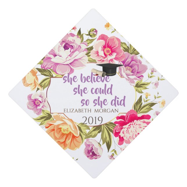 Toque De Diplômé Floral, Casquette diplômé - Message de motivation (Devant)